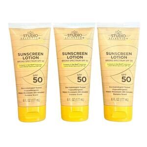 3- 6oz Tubes Studio Selection Hypoallergenic Broad Spectrum Sunscreen SPF 50 New
